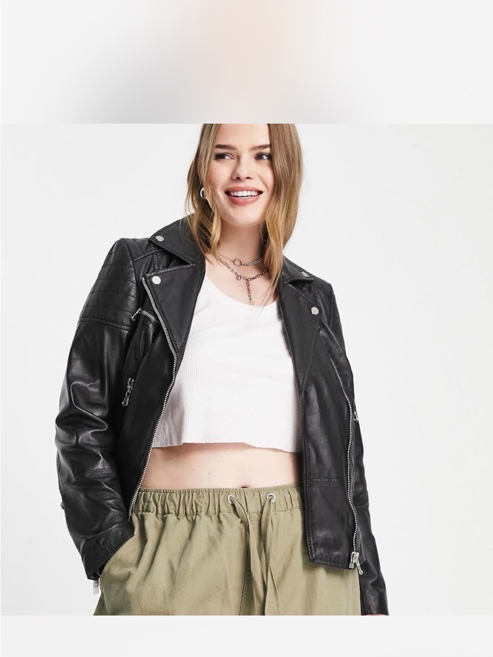 Barneys Originals Sz 10 UK14 Clara Genuine Leather Textured Detail Moto Jacket